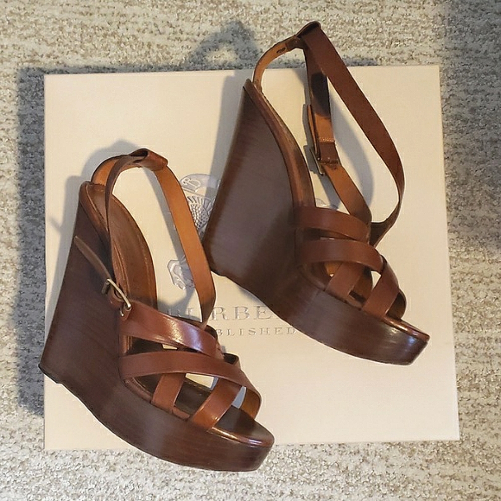Burberry Brown Leather and Wood High Heeled Platform Strappy Sandals